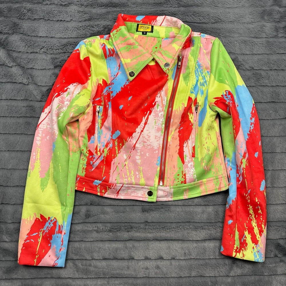 Highlight Moto Jacket Women Medium Multicolor Abstract Paint Splatter Cropped